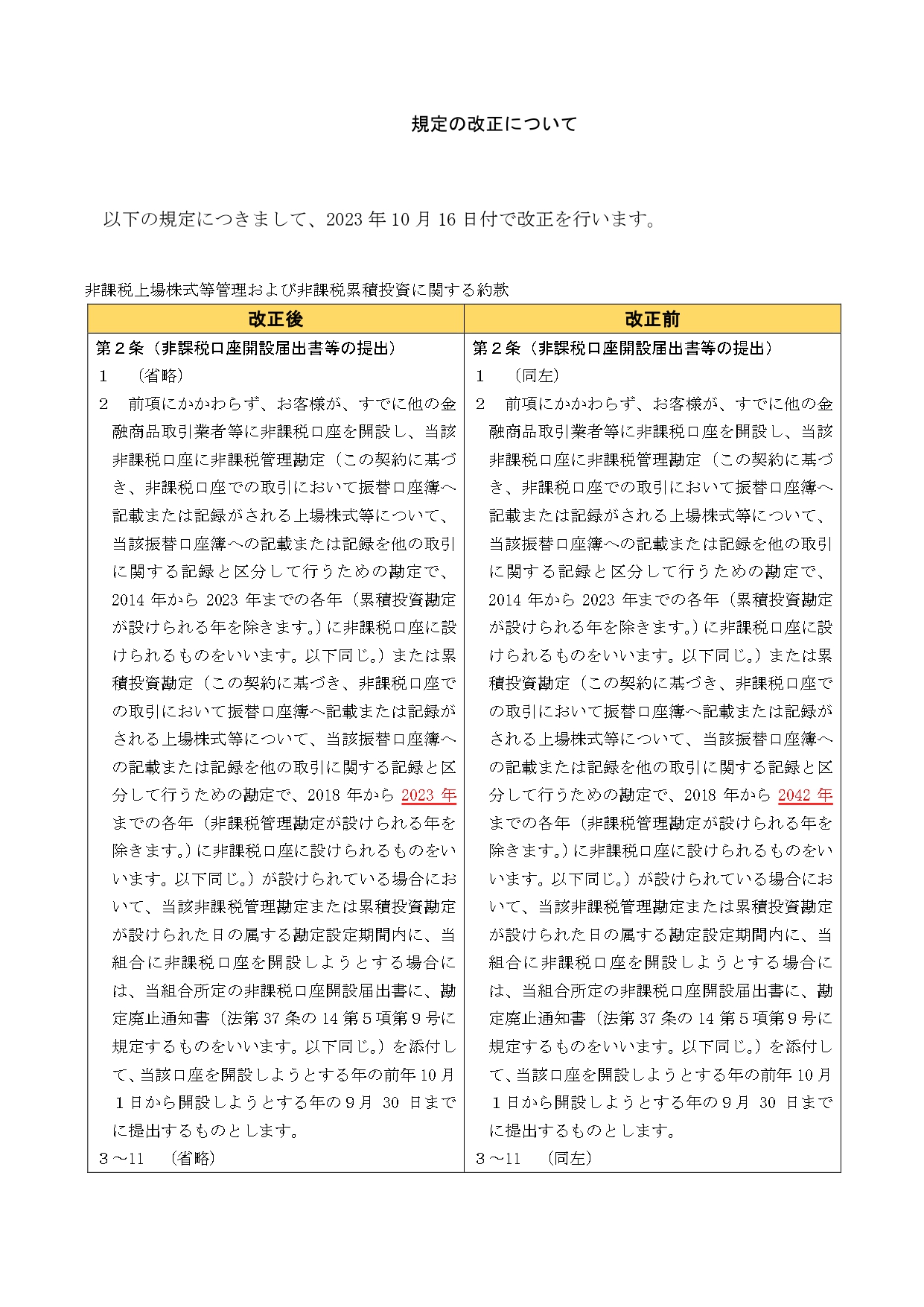 非課税上場株式等管理および非課税累積投資に関する約款の改正について